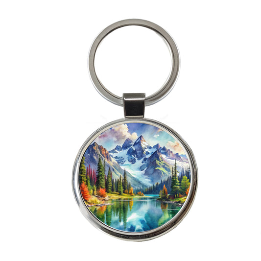 North Cascades National Park Washington Watercolor Style Round Metal Keychain