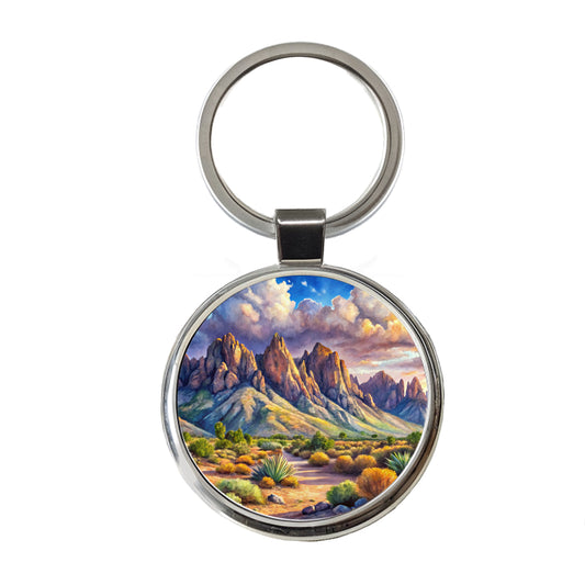 Organ Mountains-Desert Peaks National Monument New Mexico Watercolor Style Round Metal Keychain