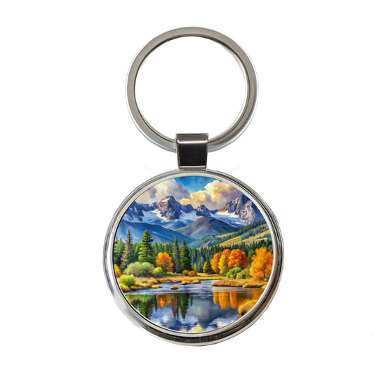 Rocky Mountain National Park Colorado Watercolor Style Round Metal Keychain