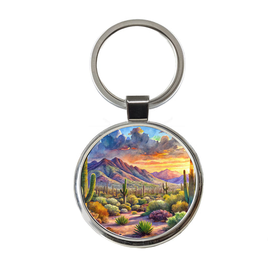 Saguaro National Park Arizona Watercolor Style Round Metal Keychain