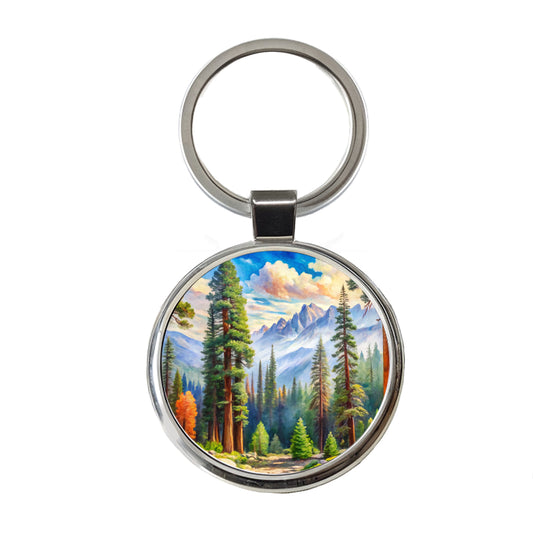 Sequoia National Park California Watercolor Style Round Metal Keychain