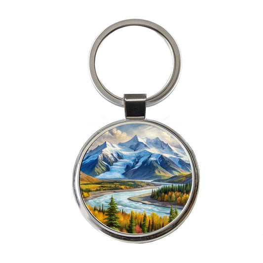 Wrangell - St. Elias National Park Alaska Watercolor Style Round Metal Keychain