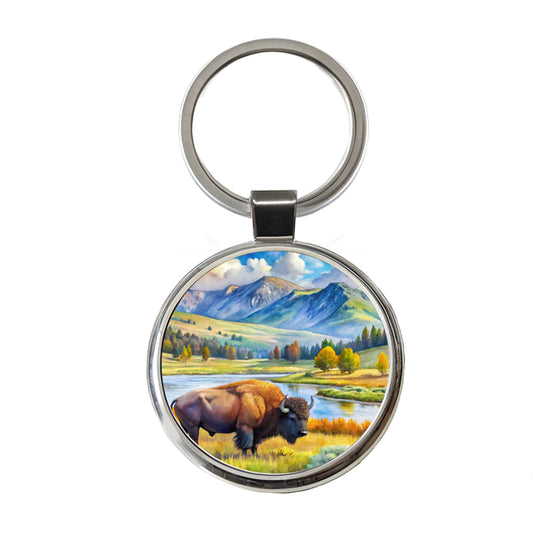 Yellowstone National Park Lamar Valley Watercolor Style Round Metal Keychain