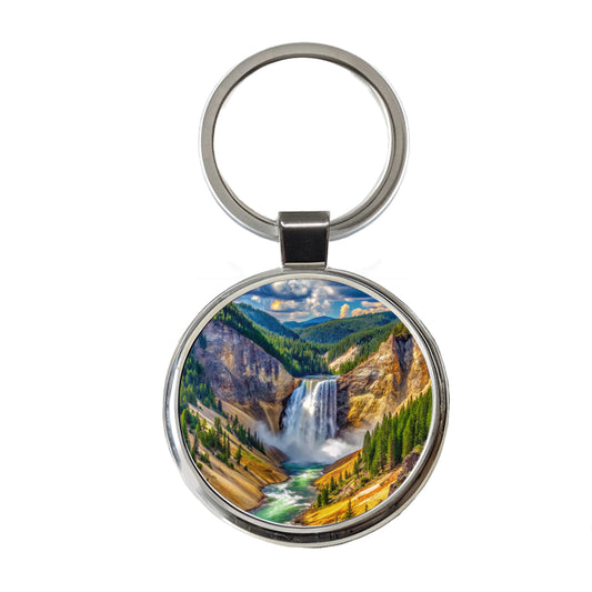 Yellowstone National Park Lower Falls Watercolor Style Round Metal Keychain