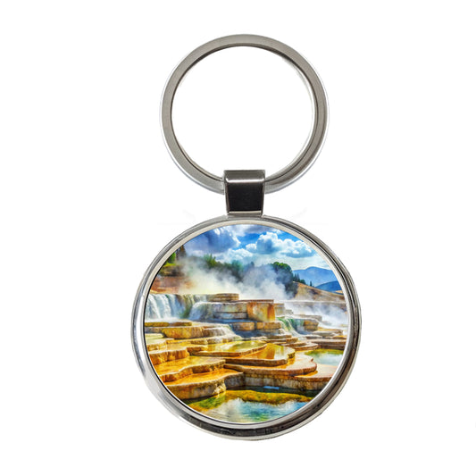Yellowstone National Park Mammoth Hot Springs Watercolor Style Round Metal Keychain
