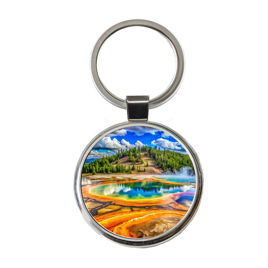 Yellowstone National Park Wyoming Watercolor Style Round Metal Keychain
