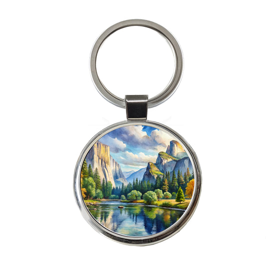 Yosemite National Park California Watercolor Style Round Metal Keychain