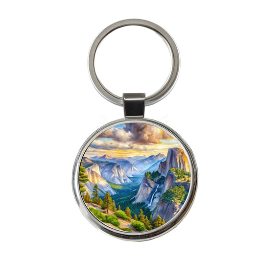 Yosemite National Park Glacier Point Watercolor Style Round Metal Keychain