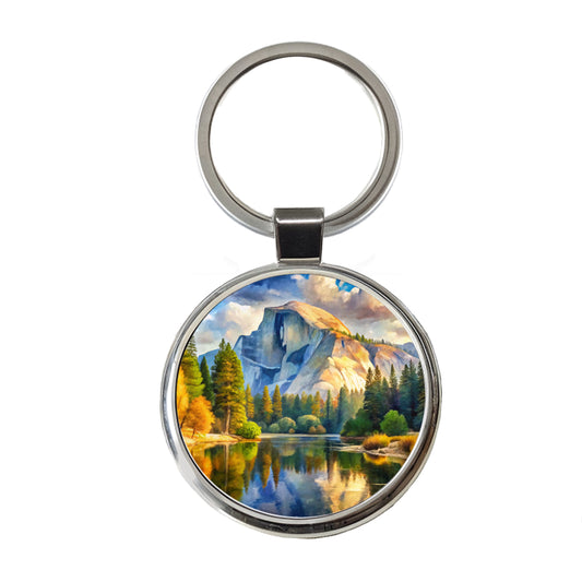 Yosemite National Park Half Dome Watercolor Style Round Metal Keychain