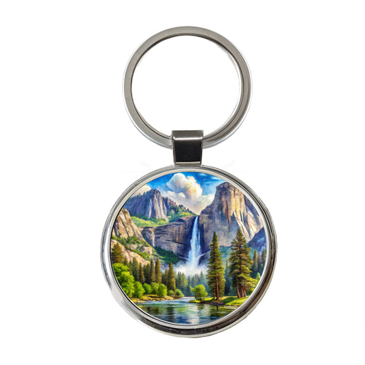 Yosemite National Park Yosemite Falls Watercolor Style Round Metal Keychain