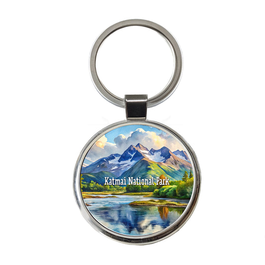Katmai National Park Alaska Round Metal Keychain