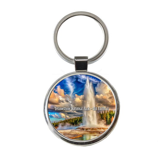Yellowstone National Park Old Faithful Round Metal Keychain