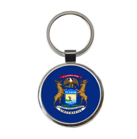 Michigan MI State Flag Round Metal Keychain