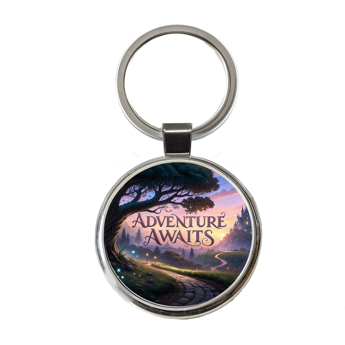 Adventure Awaits Fantasy World Round Metal Keychain