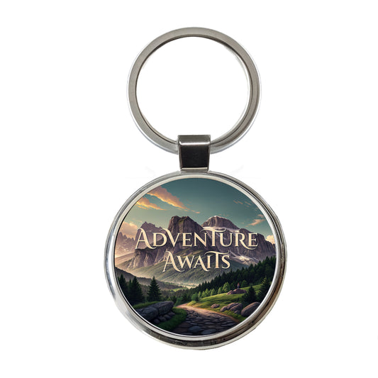 Adventure Awaits Mountains Hiking Camping Round Metal Keychain
