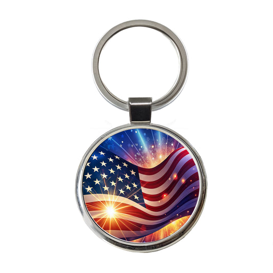 American Flag Sparkling Waving Patriotic Round Metal Keychain