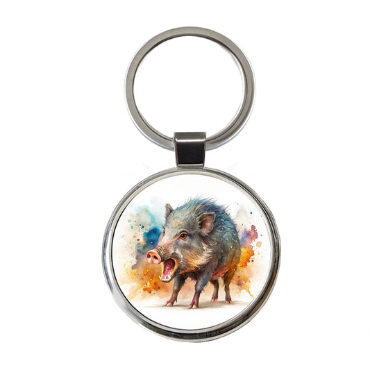 Angry Javelina Watercolor Round Metal Keychain