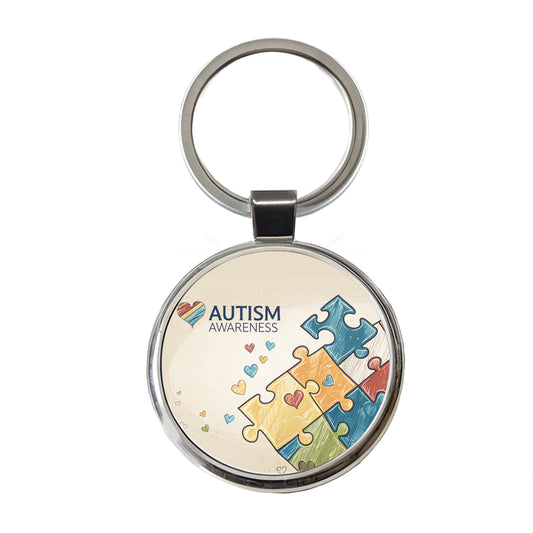 Autism Awareness Puzzle Pieces Heart Round Metal Keychain