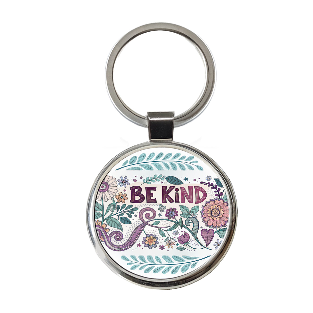 Be Kind Hippie Floral Pattern Round Metal Keychain