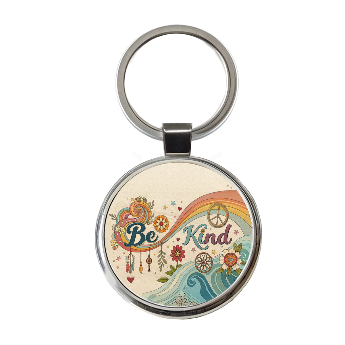 Be Kind Vintage Hippie Design Round Metal Keychain