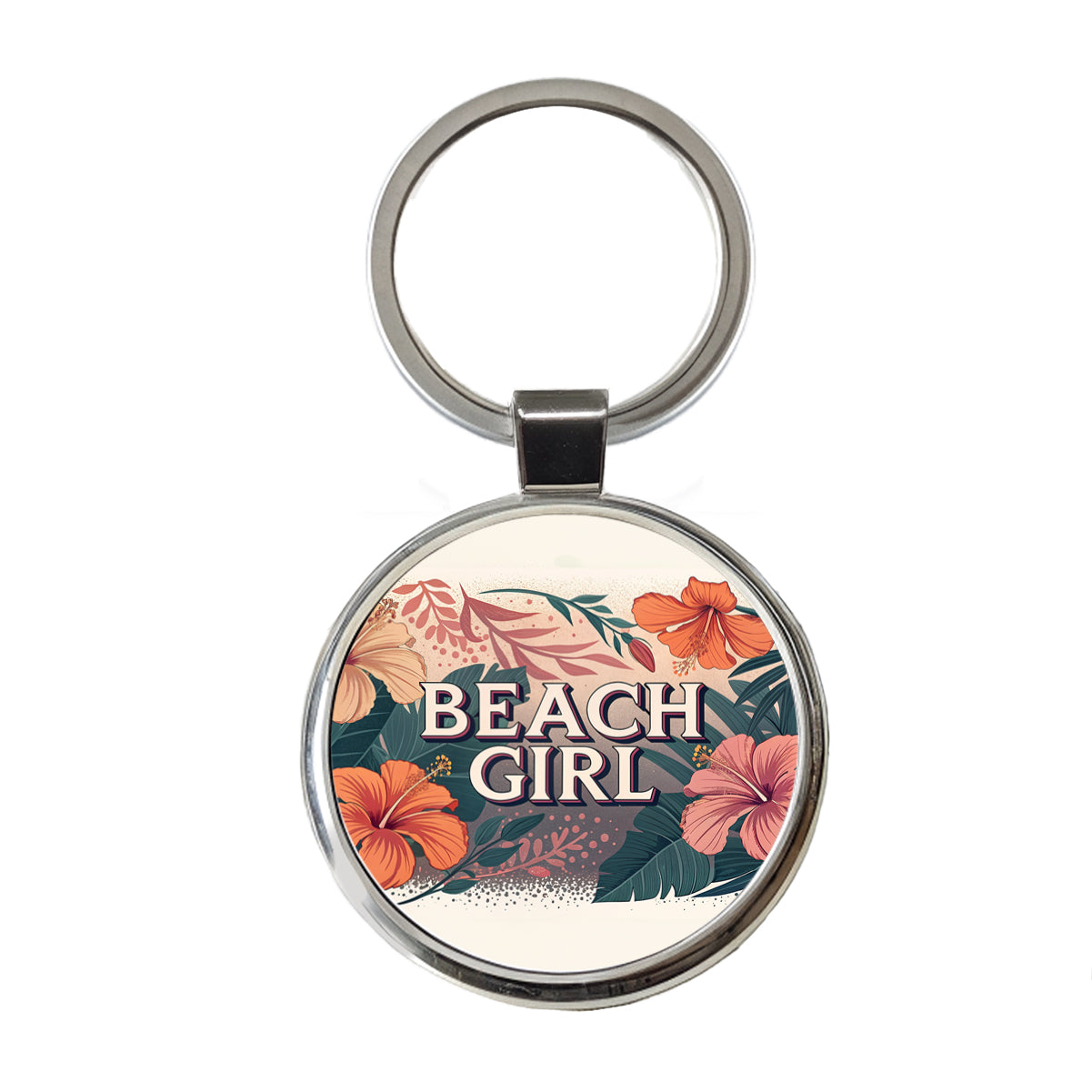 Beach Girl Tropical Hibiscus Flowers Round Metal Keychain