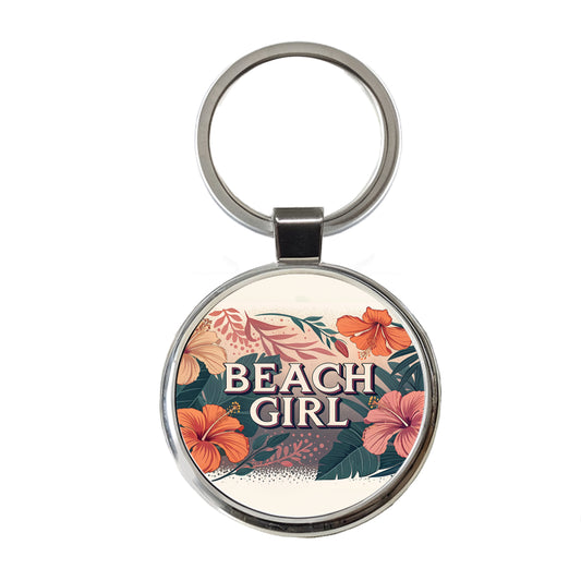 Beach Girl Tropical Hibiscus Flowers Round Metal Keychain