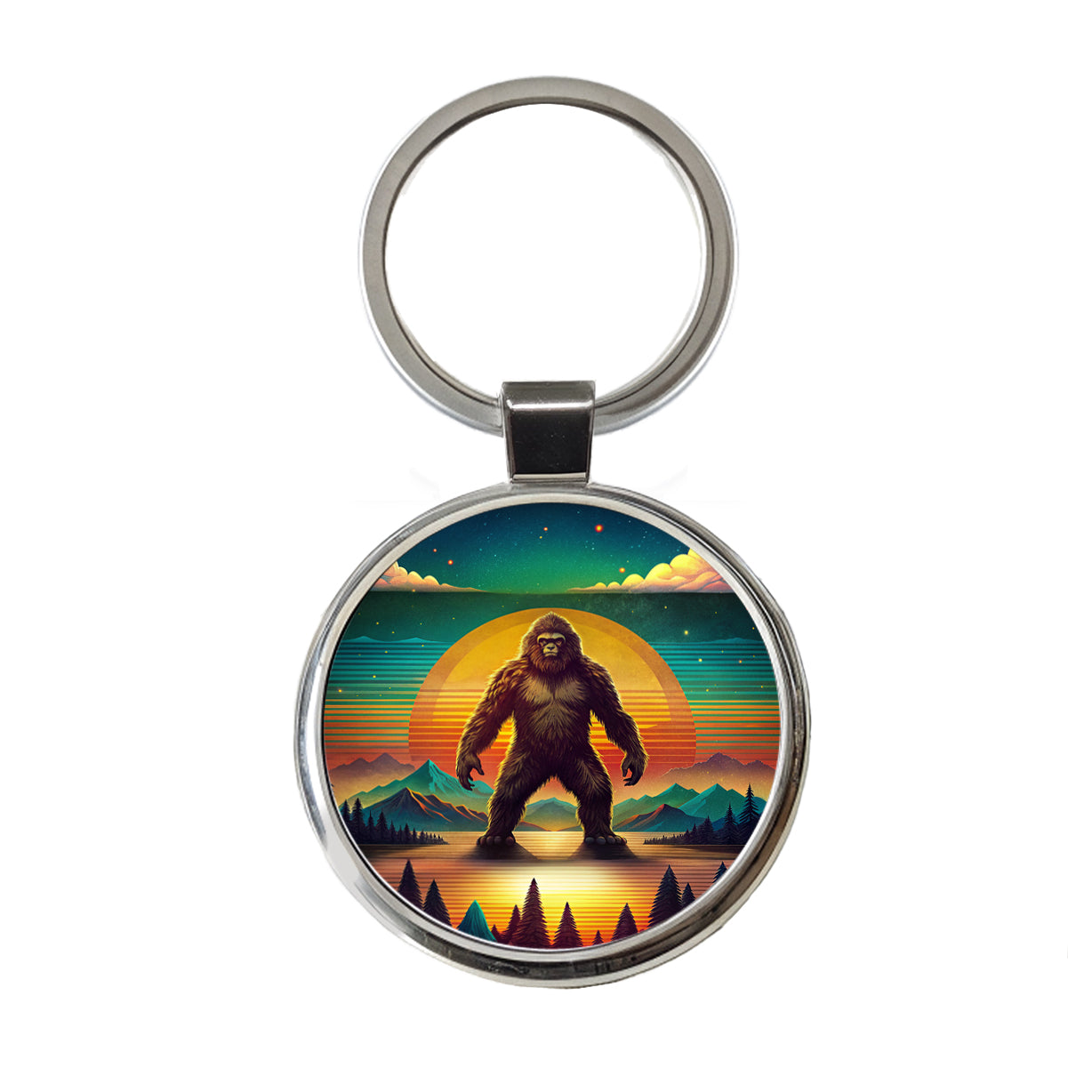 Big Foot Retro Sunset Round Metal Keychain