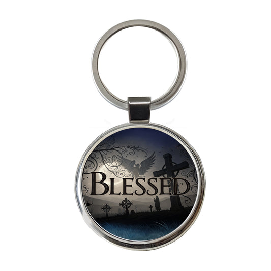 Blessed Angels Crosses Religious Round Metal Keychain
