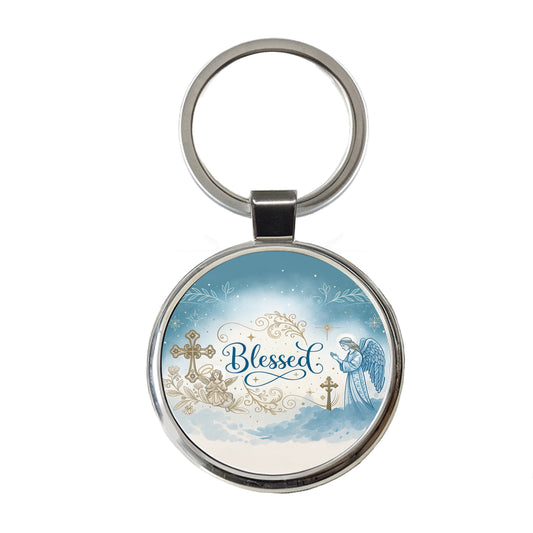 Blessed Religious Angel Blue White Round Metal Keychain