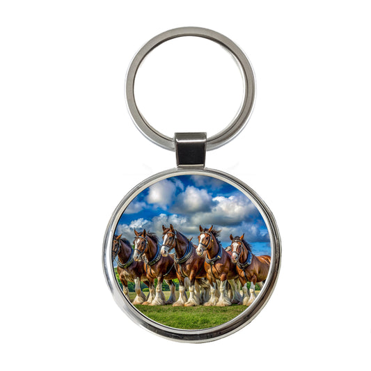 Clydesdale Horses in a Field Round Metal Keychain