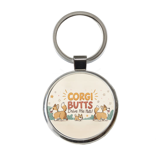 Corgi Butts Drive Me Nuts Dog Funny Cartoon Round Metal Keychain
