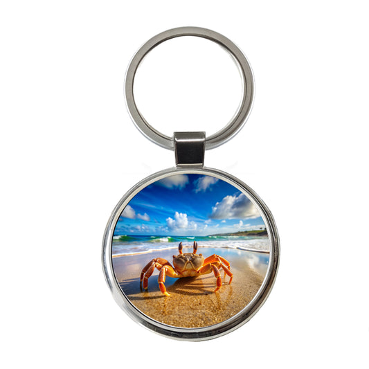 Crab On The Beach Round Metal Keychain