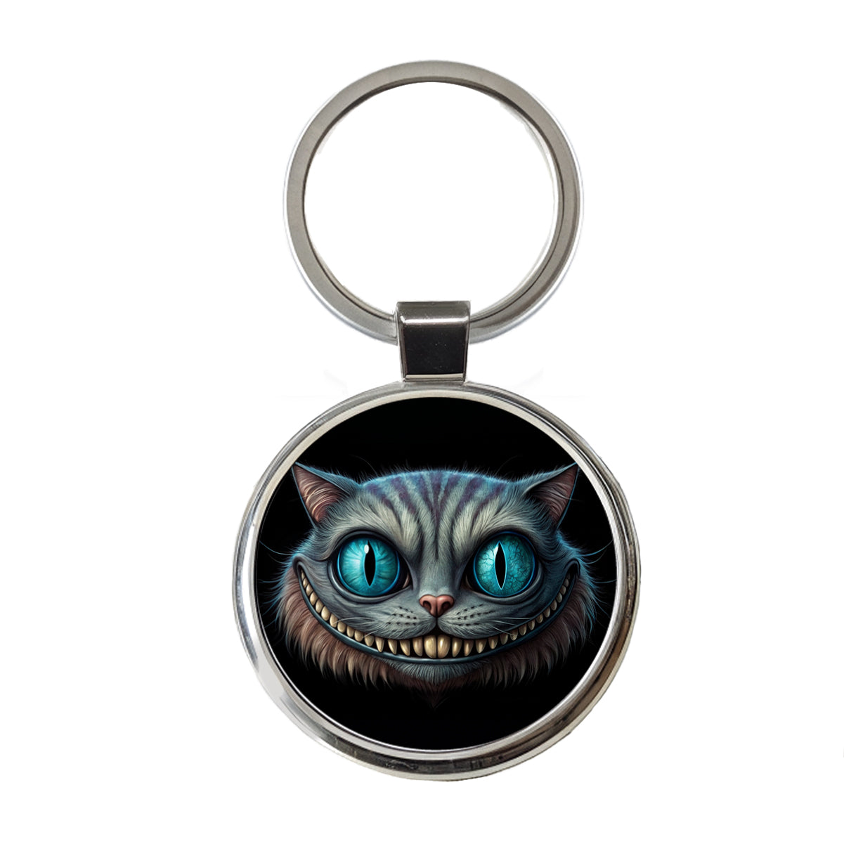 Creepy Cheshire Cat Grin on Black Round Metal Keychain