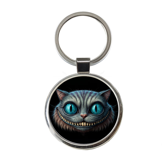 Creepy Cheshire Cat Grin on Black Round Metal Keychain