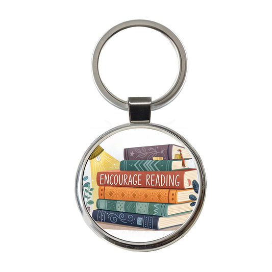Encourage Reading Stack of Books Round Metal Keychain