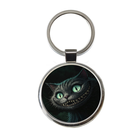 Evil Cheshire Cat Grinning On Black Round Metal Keychain