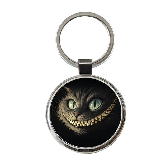 Funny Cheshire Cat Grin on Black Round Metal Keychain