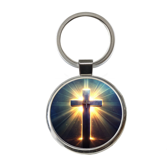 Glowing Religious Cross Round Metal Keychain