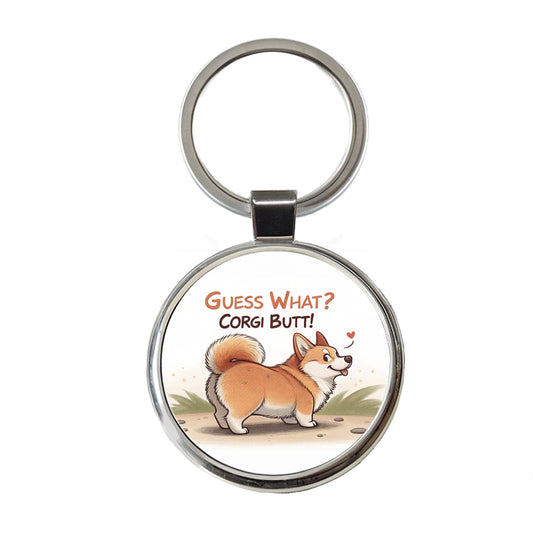 Guess What Corgi Butt Funny Dog Saying Round Metal Keychain