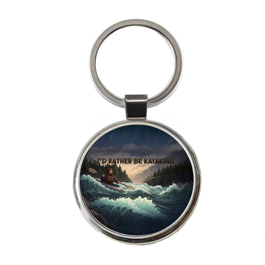 I'd Rather Be Kayaking Man Kayaker Raging River Round Metal Keychain