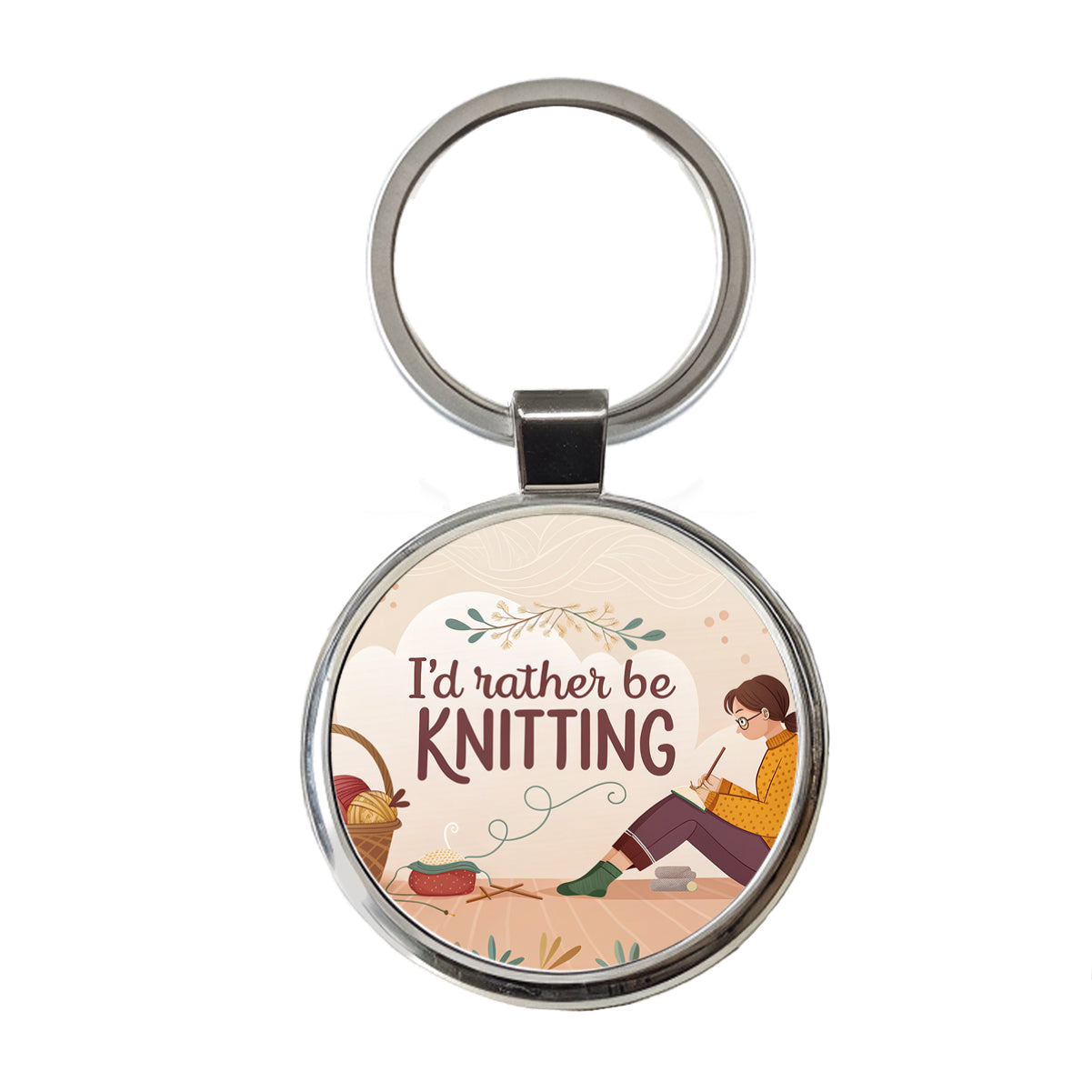 I'd Rather Be Knitting Basket of Yarn Round Metal Keychain