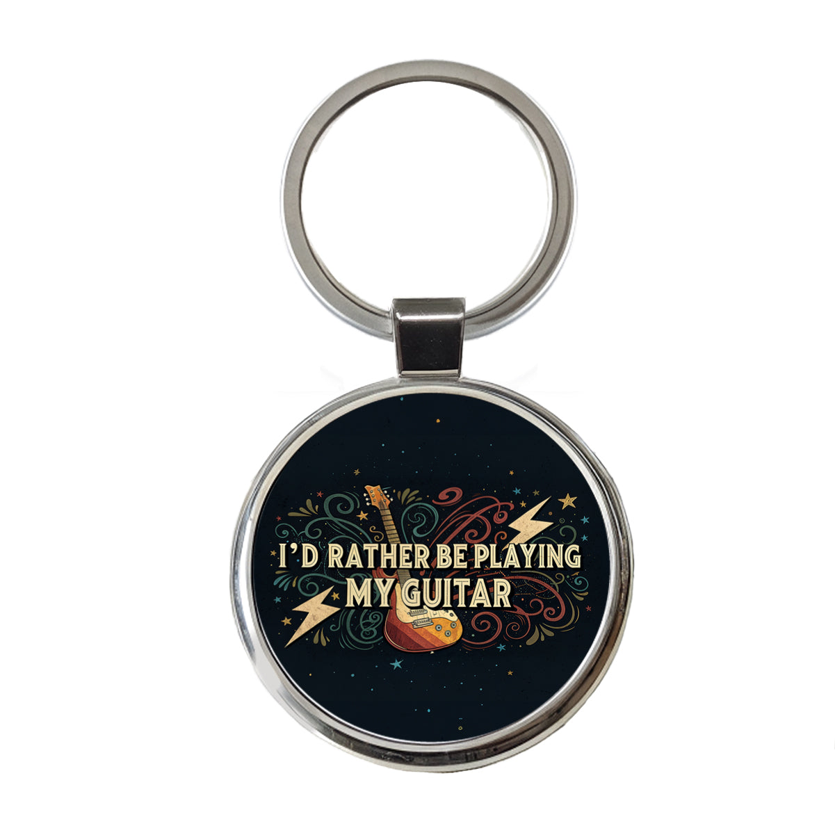 I'd Rather Be Playing My Guitar Rock And Roll Round Metal Keychain