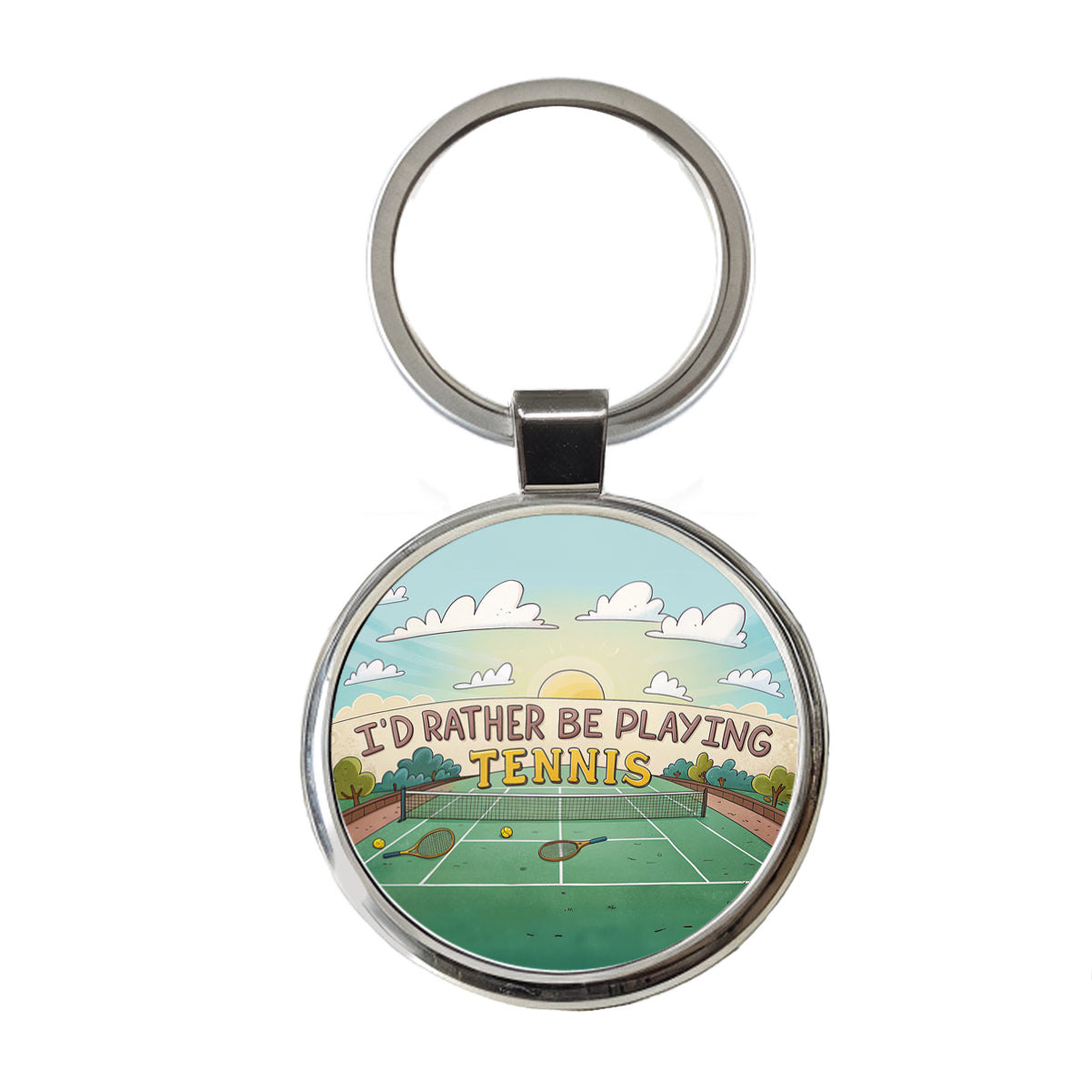 I'd Rather Be Playing Tennis Cartoon Court Round Metal Keychain