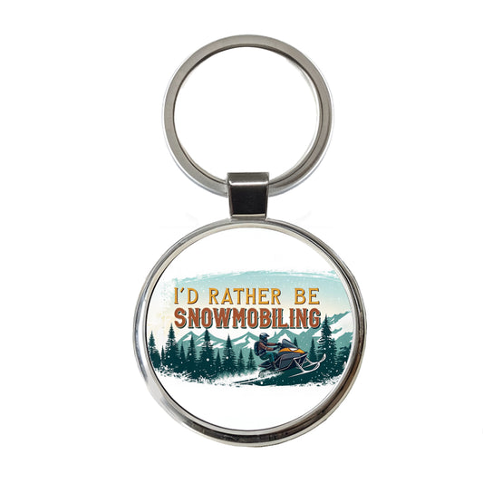I'd Rather Be Snowmobiling Snowmobile Round Metal Keychain