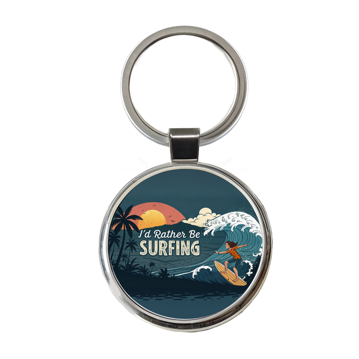 I'd Rather Be Surfing Surfer Round Metal Keychain