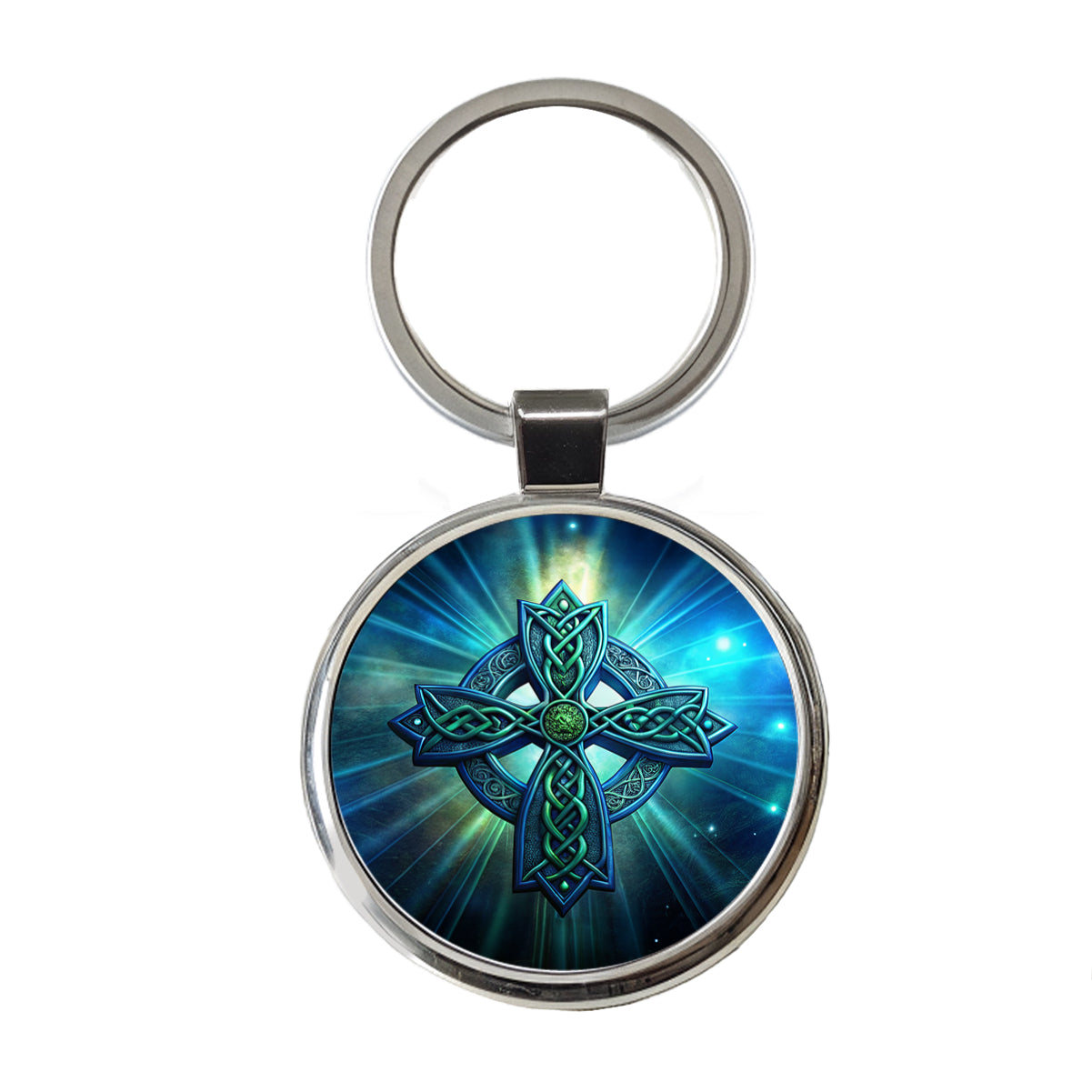 Irish Celtic Christian Cross Blue Green Round Metal Keychain