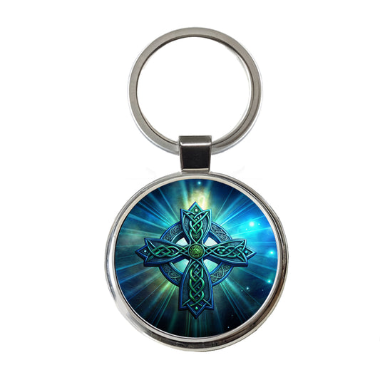 Irish Celtic Christian Cross Blue Green Round Metal Keychain