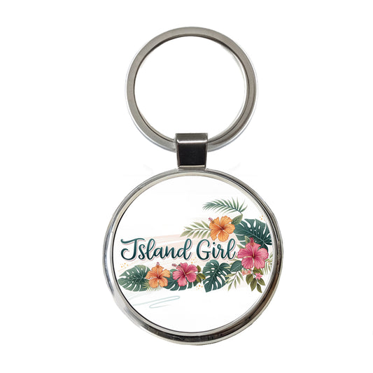 Island Girl Tropical Hibiscus Flowers Round Metal Keychain