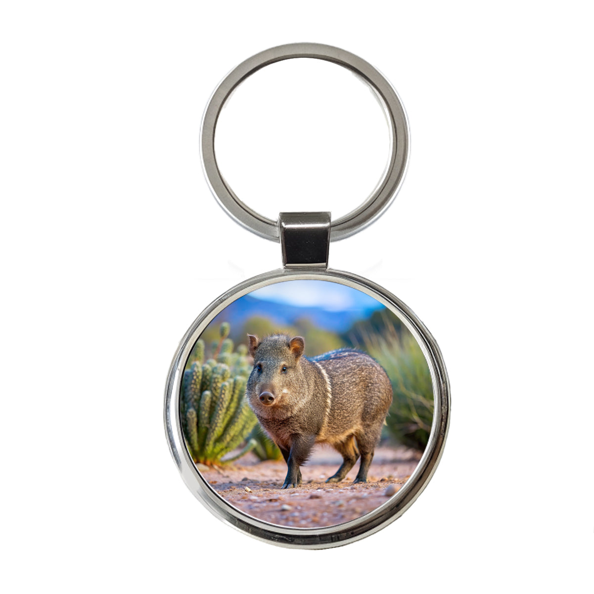 Javelina in Nature Round Metal Keychain