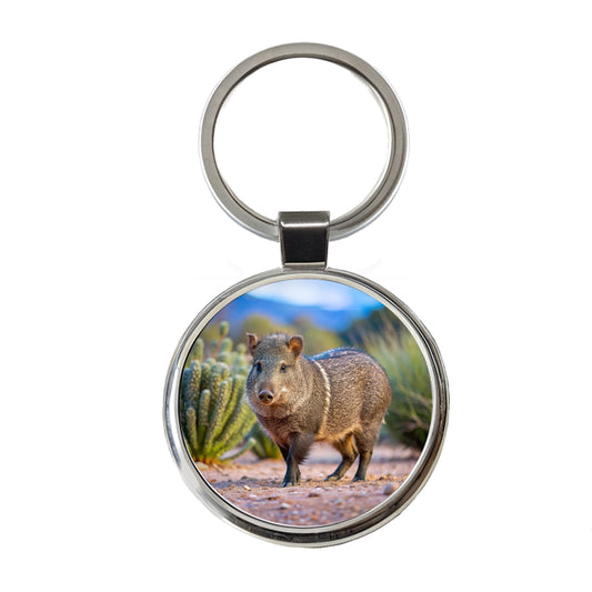 Javelina in Nature Round Metal Keychain